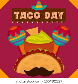 Taco day poster. Taco with mosustache, avocado pot and maracas - Vector illustration