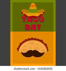 Taco with a moustache and traditional mexican hat - Vector illustration.