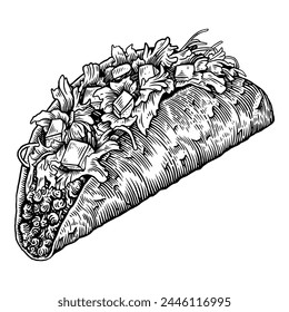 Taco with detailed line art, vintage, engraving style