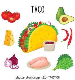 Taco with different ingredients vector illustration. Poster with tacos, chicken, onion and chilli, cheese and tomato. Mexican food. 