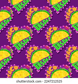 Taco digital paper. Taco Tuesday. Bright print of Mexican cuisine.Seamless pattern