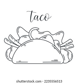 Taco doodle illustration. Ink sketch of stuffed tartilla. Mexican appetizer with meat and vegetables clip art. Latin american food isolated vector illustration