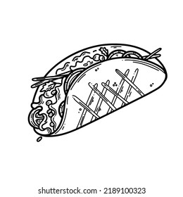 Taco doodle illustration. Mexican lunch line art vector icon for food design.