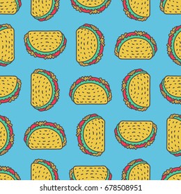 Taco drawing background. Mexican fast food pattern. Food from mexico ornament. Tacos texture