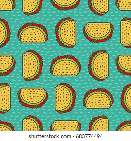 Taco drawing background. Mexican fast food pattern. Food from mexico ornament. Tacos texture
