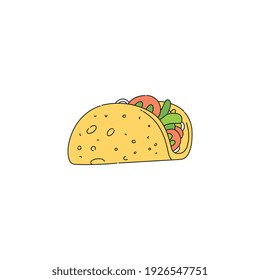 Taco drawing isolated on white background - Mexican food snack with vegetables wrapped in yellow tortilla. Hand drawn cartoon doodle of fast food dinner - flat vector illustration.