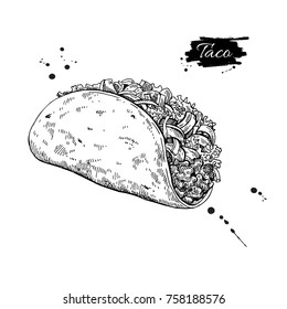 Taco drawing. Traditional mexican food vector illustration. Hand drawn fast food snack. Engraved style cuisine. Sketch for restaurant menu, label, banner