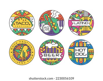 Taco festival round labels set. Badges with Mexican traditional street food vector illustration