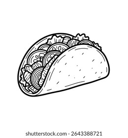 Taco Filled with Meat, Lettuce, and Toppings – Classic Mexican Snack for Menu, Branding or Food Projects – Vector Illustration