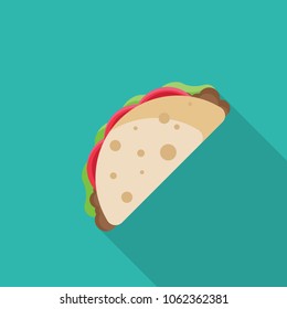 Taco flat icon with long shadow isolated on blue background. Simple taco in flat style, vector illustration for web and mobile design. Fast food elements vector sign symbol.