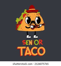 Taco flat illustration. Hand drawn trendy cartoon element. Retro style textured effect, cute taco character, hand drawn lettering isolated on dark background.