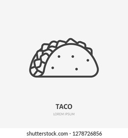 Taco flat line icon. Vector thin sign of mexican food. traditional meal wrap in tortilla illustration.