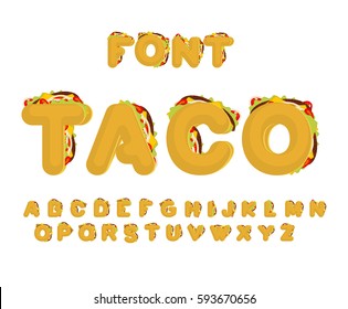 Taco font. Mexican fast food ABC. Tacos alphabet. traditional Mexico meal letter