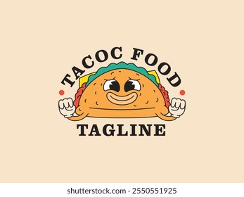 Taco comida mexicana con mano y cara feliz logo personaje de dibujos animados en estilo retro vintage