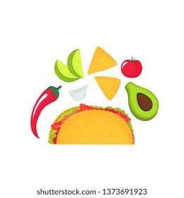 Taco - a food of national Mexican cuisine. Tomato, garlic, lime slices, avocado, chili pepper, corn chips nachos.