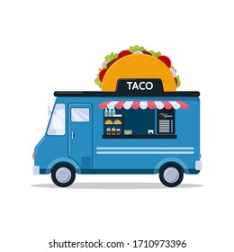 Taco Food Truck Isolated On White Background. Fast Food Truck In Cartoon Style