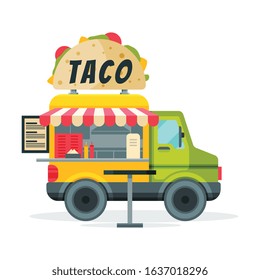 Taco Food Truck, Street Meal Van, Tasty Fast Food Delivery, Mobile Shop Vector Illustration