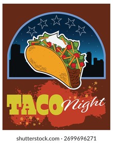A taco in front of a cityscape.
