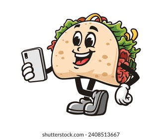Taco with gadget cartoon mascot illustration character vector clip art hand drawn