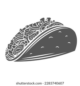 Taco glyph icon vector illustration. Stamp of fast food sandwich with cheese and meat, vegetables and tortilla wrap, taco meal of Mexican traditional cuisine and hot snack from takeout restaurant