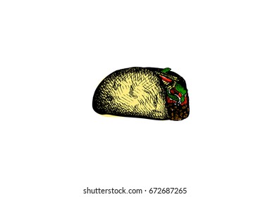 Taco, graphic hand drawn illustration isolated on white background, fast food.