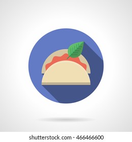 Taco with green leaf and red vegetable stuffing. Mexican cuisine menu for restaurant. Round flat style color vector icon