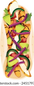 Taco with grilled chicken, diced avocado, peppers, onions, and tomatoes in a tortilla. Isolated vector illustration.