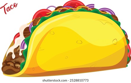 Taco con Pollo Molido, Carne, Tomates, Cebollas, Salsa Agria, Queso y Lechuga. Arte vectorial mexicano de comida callejera 