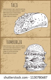 Taco with hamburger tasty snack vector poster, graphic illustration of fast appetizer consist of meat, sauce and vegetables with cheese, text sample