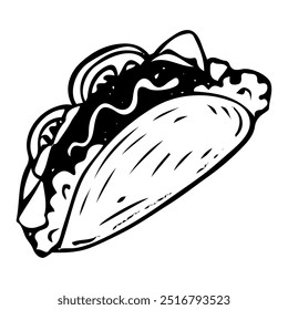 Taco dibujado a mano doodle. Tortilla con carne y verduras. Doblado en pan plano de medio trigo con relleno. Comida rápida para llevar. Pedido en cafetería. Hora de comer. Vector boceto línea ilustración de arte.