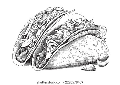 Taco hand drawn engraving style sketch Restaurant business concept Vector illustration.