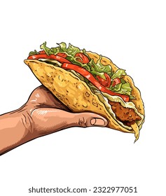 Taco en mano. Platos tradicionales mexicanos sobre fondo blanco ․ Vector ilustra tacos con carne y verduras