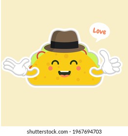 taco with hat character. cute and kawaii delicious tacos with beef or chicken, meat sauce, green salad and red tomato. Taco for restaurant or cafe event design. mexican food