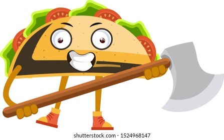 Taco sosteniendo un hacha grande, ilustración, vector sobre fondo blanco.
