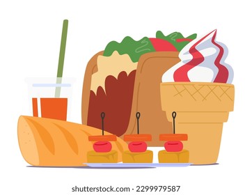 Taco, Ice Cream, Bread, Soda Drink and Canape Fast Food Served In Chain Restaurants. Meals with High In Calories, Fat, And Salt And Can Contribute To Health Problems. Cartoon Vector Illustration
