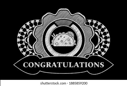 taco icon and Congratulations text chalk blackboard realistic emblem. Chalkboard classic background. Artistic illustration. 