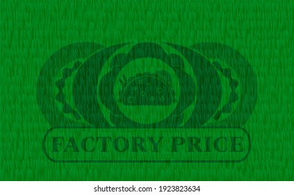 taco icon and Factory Price text grass sod badge. Eco handsome background. Illustration. 