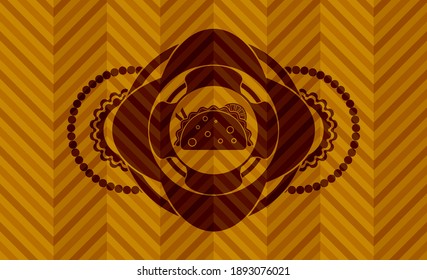 taco icon inside abstract orange badge. Geometric graceful background. Artistic illustration. 