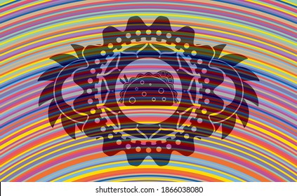 taco icon inside colorful realistic badge. Showy fashionable background. Vector illustration. 