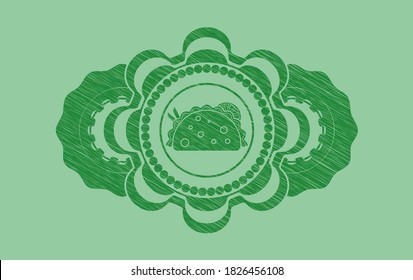 taco icon inside Green stroke emblem. Eco graceful background. Vector illustration. 