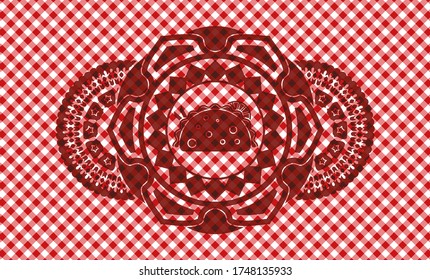 taco icon inside red checkered tablecloth realistic emblem. Restaurant fashionable background. Artistic illustration. 