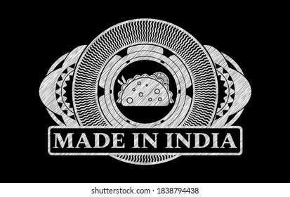 taco icon and Made in India text chalk blackboard badge. Chalkboard chic background. Intense illustration. 