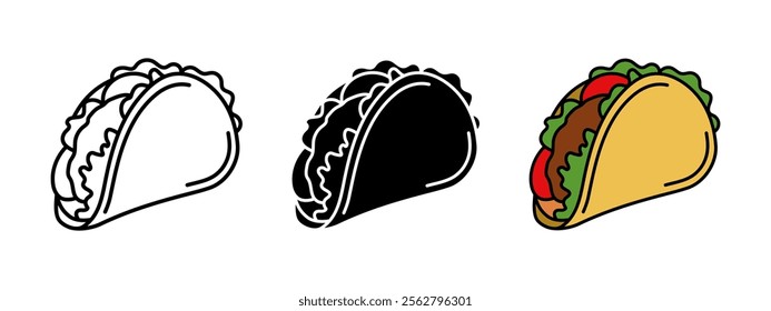 Taco icon. Mexican fast food symbol. Tacos vector illustration. Mexican eatery logo. Stuffed tortilla sign. Taco lunch pictogram. Traditional Mexican snack isolated outline, black and colored concept.