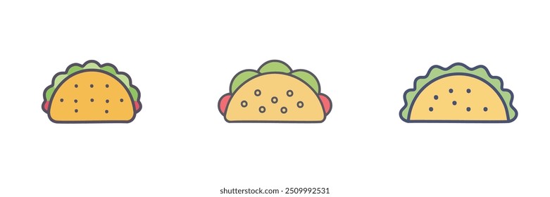 Taco icon set. Collection of three colorful taco icons, perfect for menus, websites, and social media.