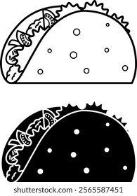 Taco Icons. Black and White Vector Illustrations. Corn Tortilla Filled with Meat, Tomato, and Greens. Tasty Food. Fast Food Concept