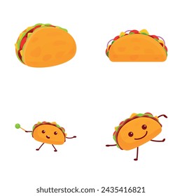 Taco icons set cartoon vector. Cute cartoon fast food tacos character. Traditional mexican food