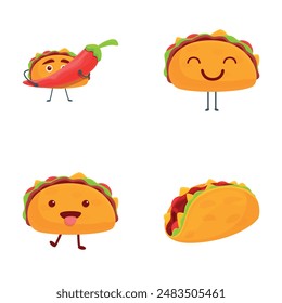 ?artoon taco icons set cartoon vector. Cute cartoon fast food tacos character. Traditional mexican food