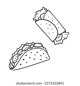 Taco illustration in doodle style. Outline food illustration. Line fastfood sketch set