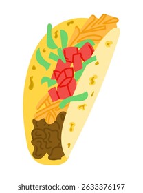 Taco illustration with ground beef, shredded cheese, lettuce and tomato in a flat vector style. Represents fast food, Mexican cuisine and tasty street food concept