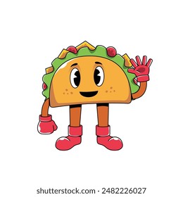 Ilustración de tacos con mano y pie. Divertida y alegre ilustración colorida del taco de dibujos animados, personaje lindo del Vector de comida rápida del taco. Carácter mexicano de Vector de comida rápida 